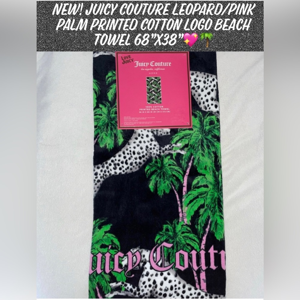 New! Juicy Couture Leopard/Pink Palm Printed Cotton Logo Beach Towel 68”x38”💖🌴